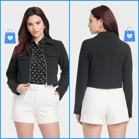 XS - Womens Cropped Zipper Jacket - A New Day - Black - Picture 1 of 6